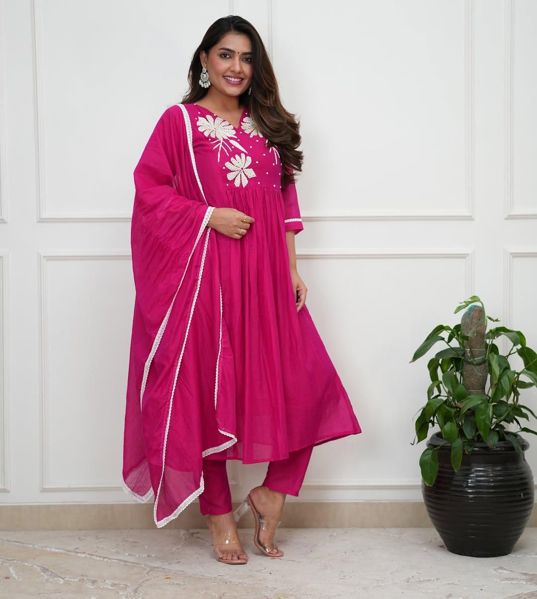 Flaired Cotton Kurta Set with Hand Moti Work and Malmal Dupatta