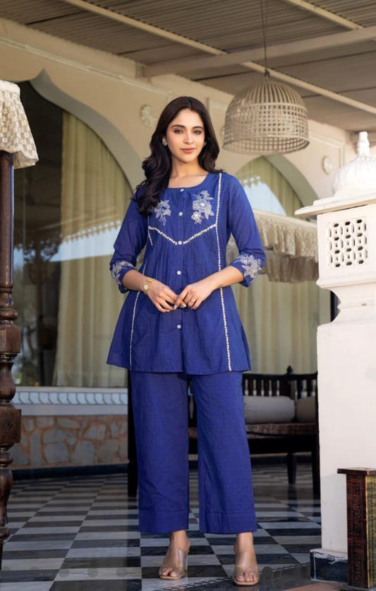 Cotton Slub Embroidered Co-ord Set – Rani and Blue
