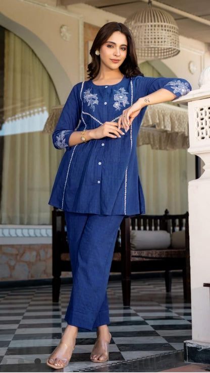 Cotton Slub Embroidered Co-ord Set – Rani and Blue