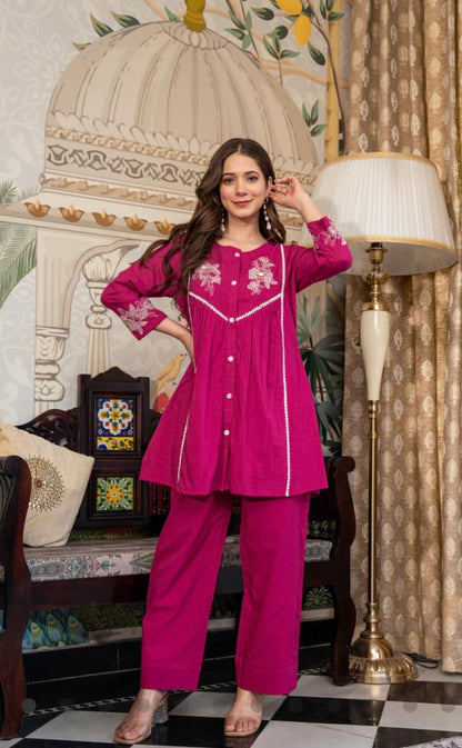 Cotton Slub Embroidered Co-ord Set – Rani and Blue
