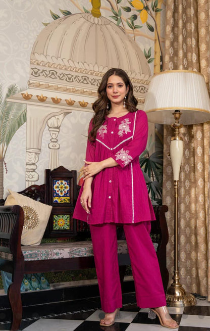 Cotton Slub Embroidered Co-ord Set – Rani and Blue