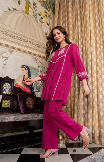 Cotton Slub Embroidered Co-ord Set – Rani and Blue