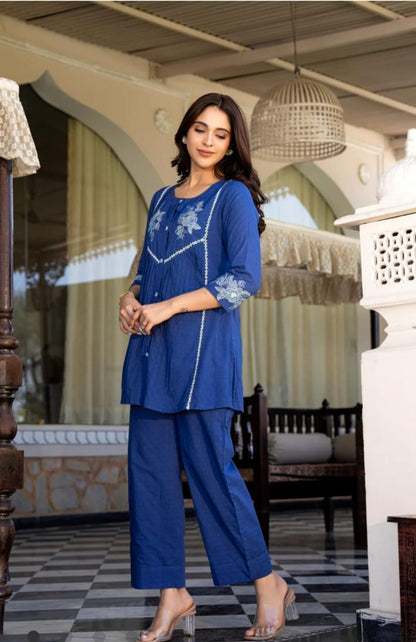 Cotton Slub Embroidered Co-ord Set – Rani and Blue