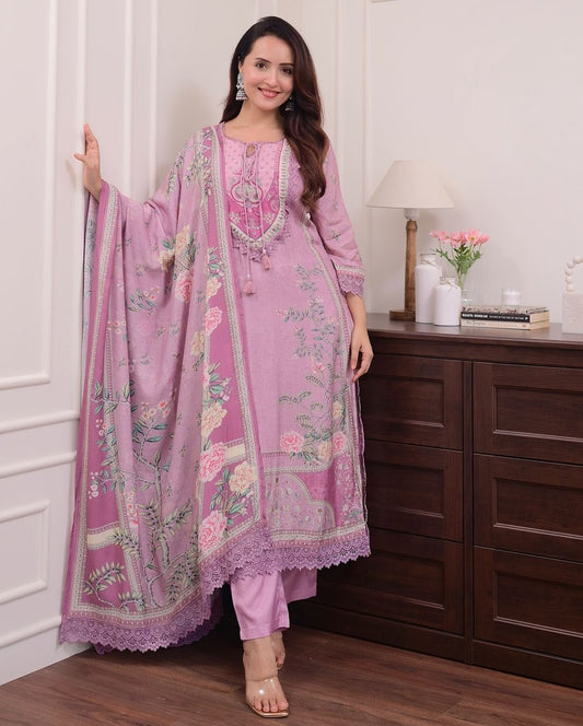 Lilac Muslin Suit with Digital Print & Hand Embroidery – Kurti, Pant & Dupatta Set