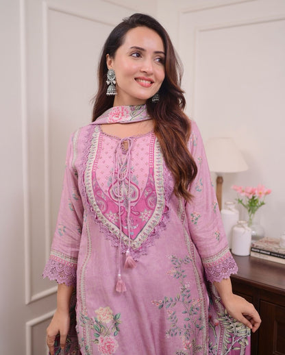 Lilac Muslin Suit with Digital Print & Hand Embroidery – Kurti, Pant & Dupatta Set