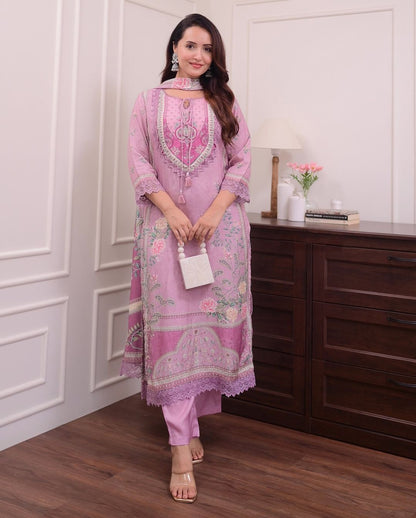 Lilac Muslin Suit with Digital Print & Hand Embroidery – Kurti, Pant & Dupatta Set
