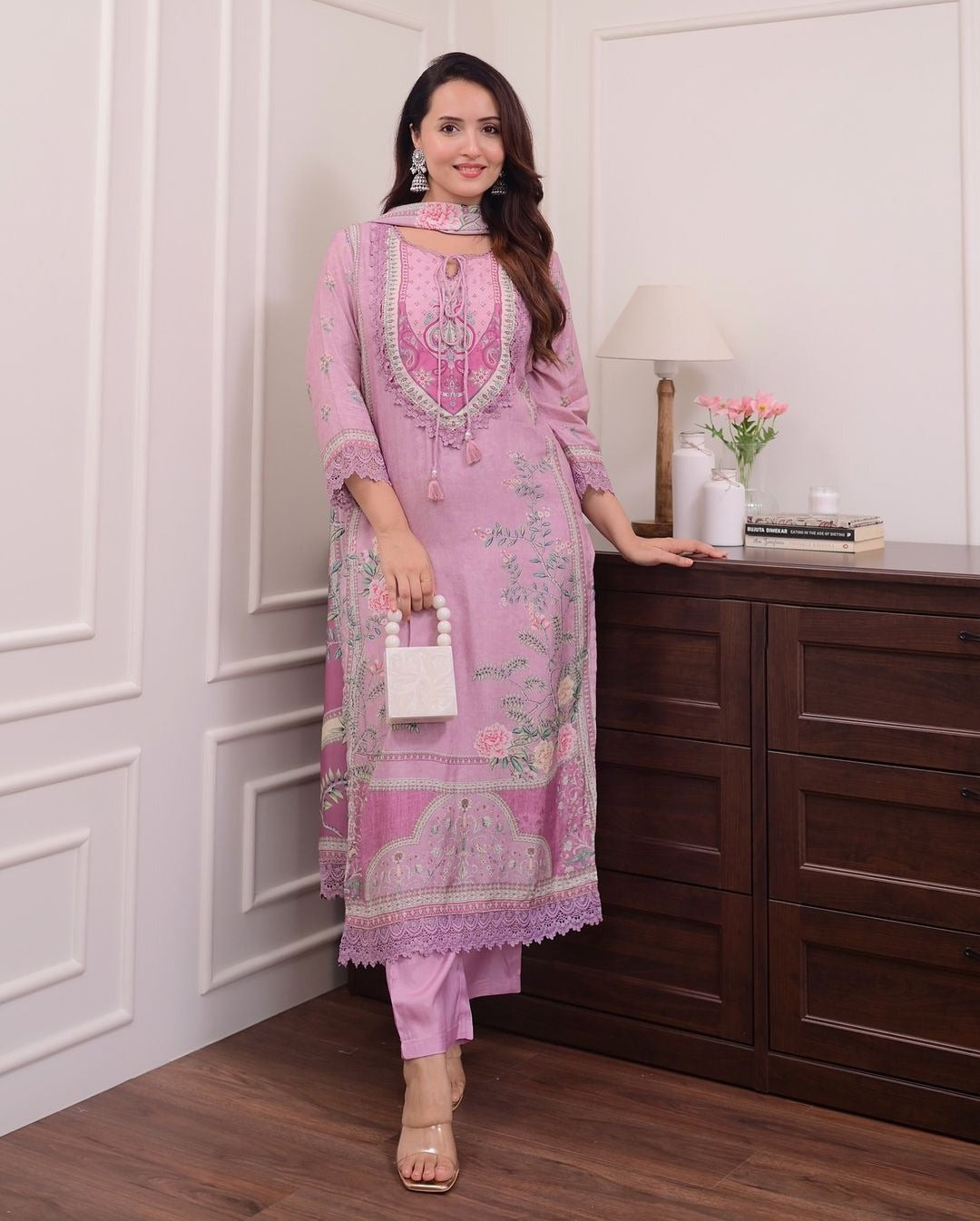 Lilac Muslin Suit with Digital Print & Hand Embroidery – Kurti, Pant & Dupatta Set
