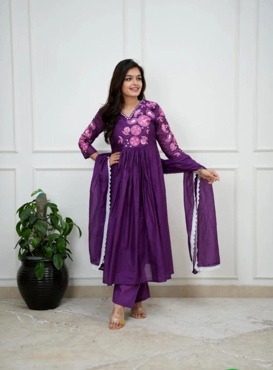 Navratri Special Cotton Suit Set with Hand Embroidery & Mulmul Dupatta