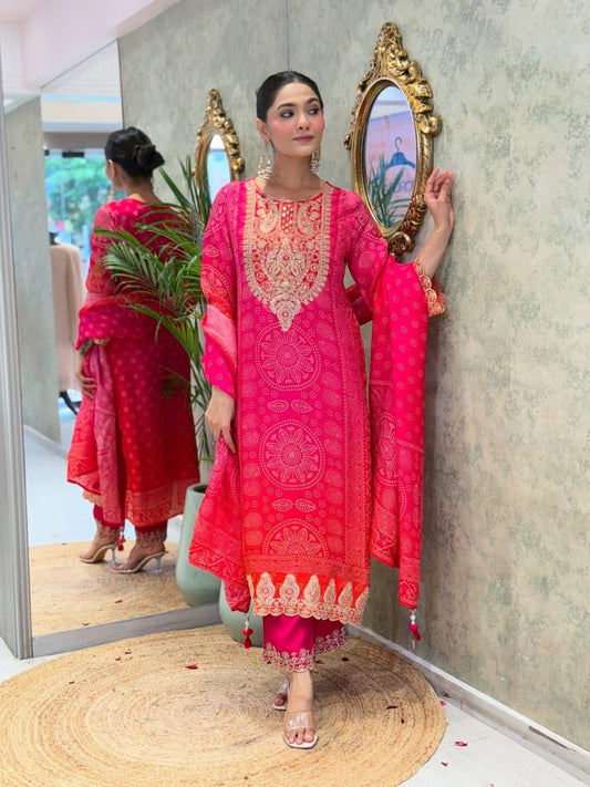 Heavy Pure Kitkat Silk 3 Piece Suit Set with Coding Embroidery – Top, Pant & Dupatta
