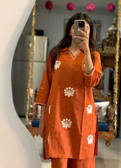 White Cotton Embroidered Kurti Pant Set with Dupatta