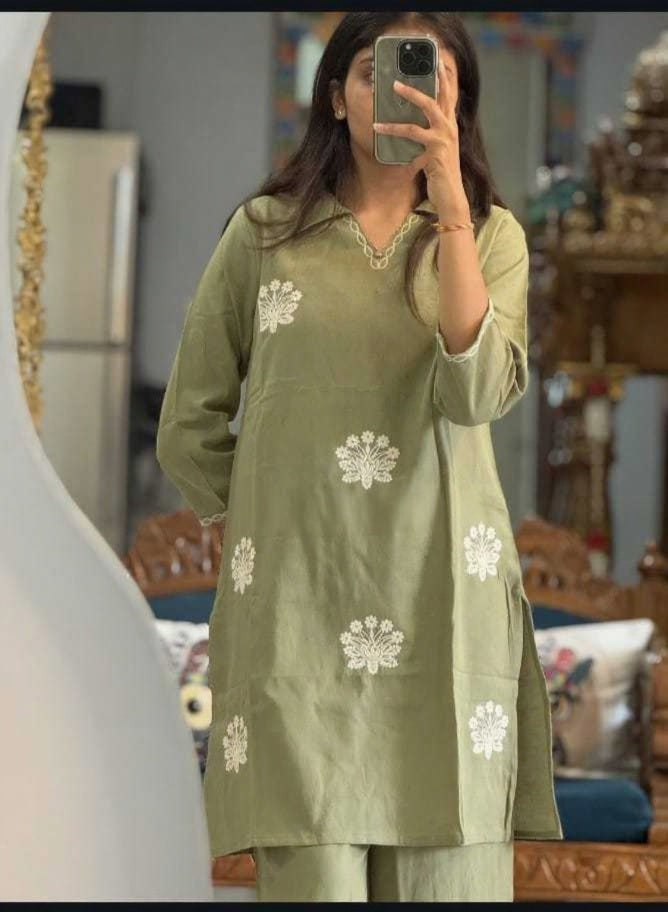 White Cotton Embroidered Kurti Pant Set with Dupatta