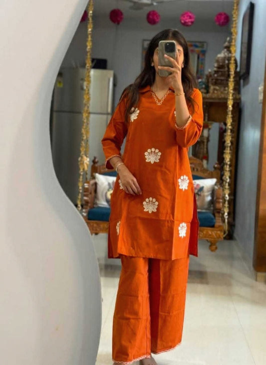 White Cotton Embroidered Kurti Pant Set with Dupatta