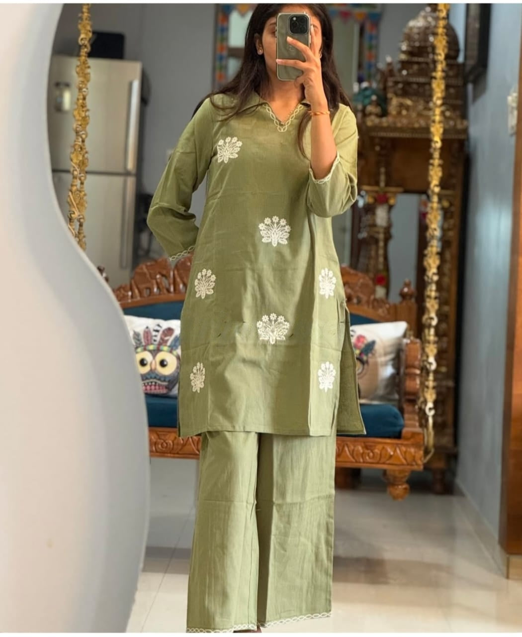 White Cotton Embroidered Kurti Pant Set with Dupatta