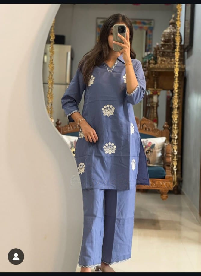 White Cotton Embroidered Kurti Pant Set with Dupatta