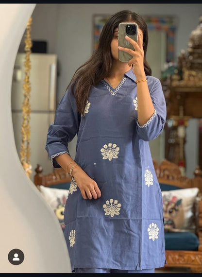 White Cotton Embroidered Kurti Pant Set with Dupatta