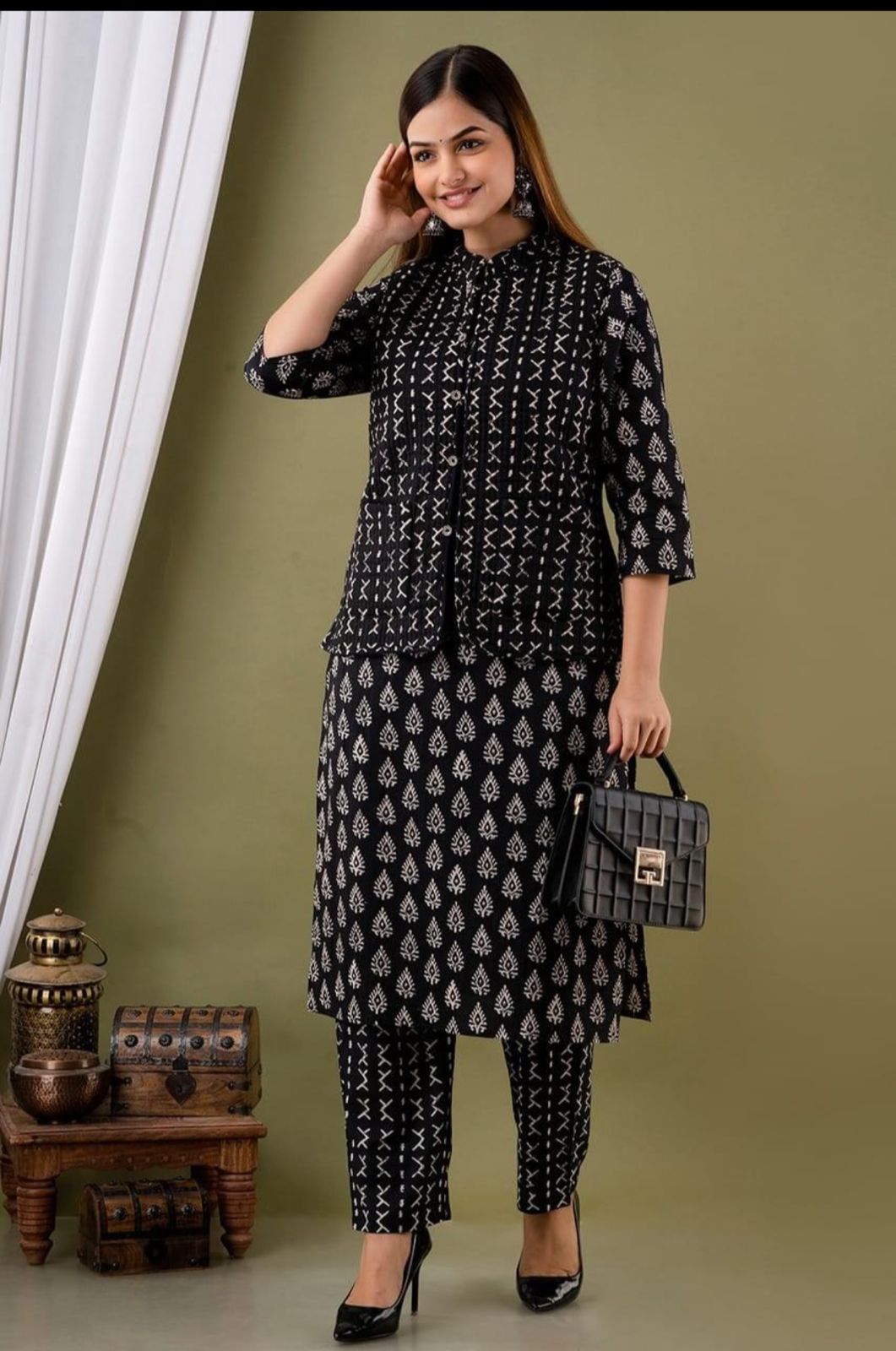 Hand Block Cotton Kurti Pant Set with Quilted Jacket | Women’s Winter Ethnic Set
