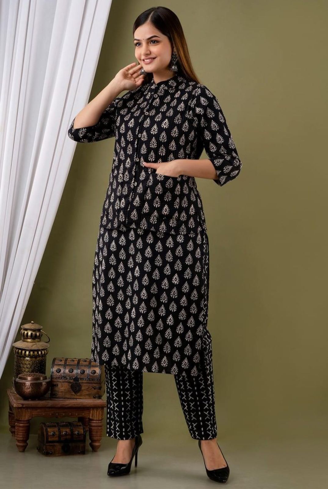 Hand Block Cotton Kurti Pant Set with Quilted Jacket | Women’s Winter Ethnic Set