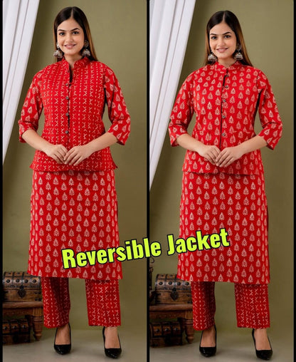 Hand Block Cotton Kurti Pant Set with Quilted Jacket | Women’s Winter Ethnic Set