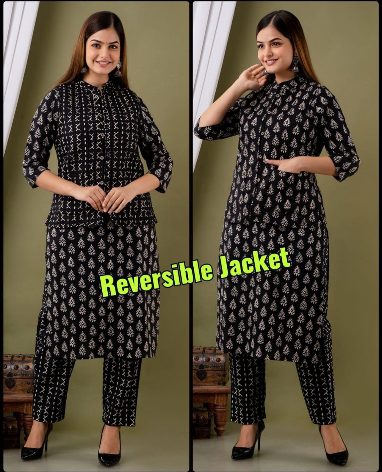 Hand Block Cotton Kurti Pant Set with Quilted Jacket | Women’s Winter Ethnic Set