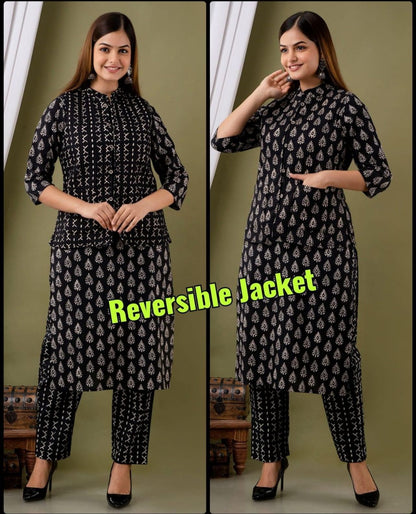 Hand Block Cotton Kurti Pant Set with Quilted Jacket | Women’s Winter Ethnic Set