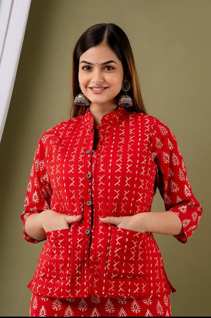 Hand Block Cotton Kurti Pant Set with Quilted Jacket | Women’s Winter Ethnic Set