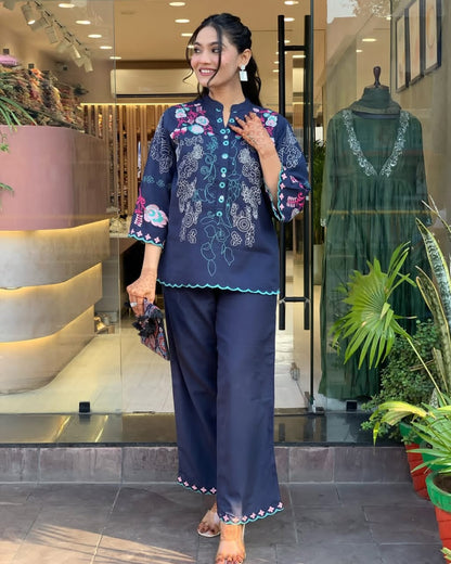 New Launch Premium Cotton Co-Ord Set for Women | Embroidered Top & Cotton Pant with Pockets