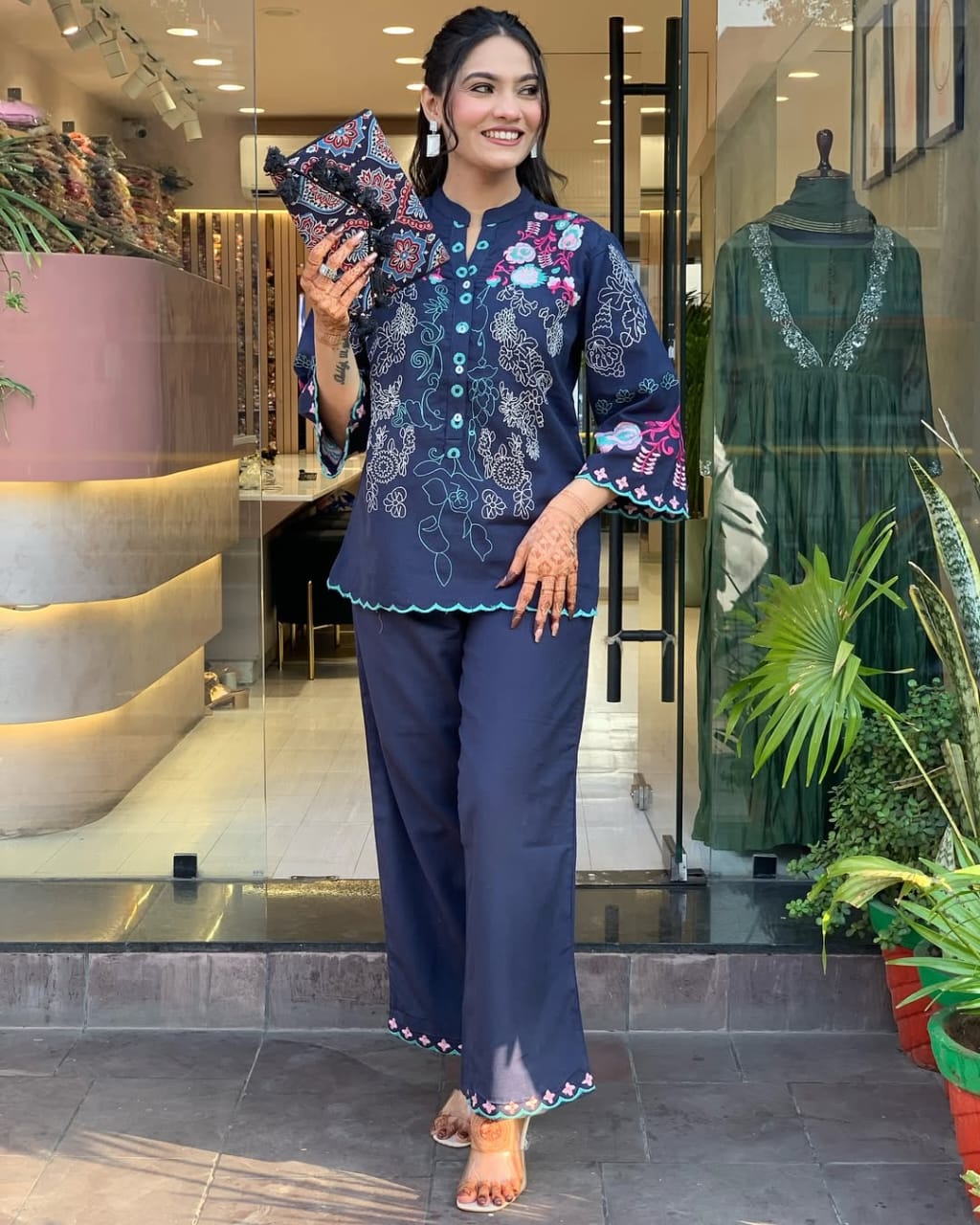 New Launch Premium Cotton Co-Ord Set for Women | Embroidered Top & Cotton Pant with Pockets