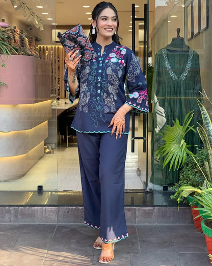 New Launch Premium Cotton Co-Ord Set for Women | Embroidered Top & Cotton Pant with Pockets