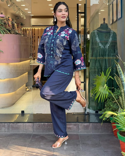 New Launch Premium Cotton Co-Ord Set for Women | Embroidered Top & Cotton Pant with Pockets