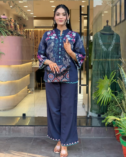 New Launch Premium Cotton Co-Ord Set for Women | Embroidered Top & Cotton Pant with Pockets