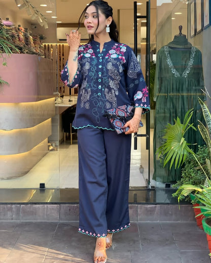New Launch Premium Cotton Co-Ord Set for Women | Embroidered Top & Cotton Pant with Pockets