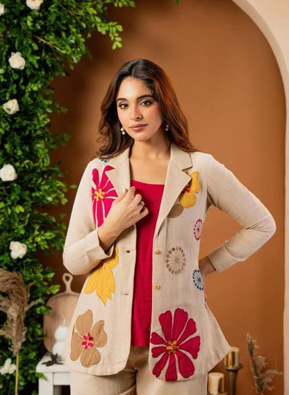 Elegant Embroidered Cotton Flex 3-Piece Co-ord Set with Blazer, Inner & Trousers