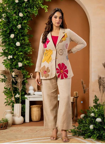 Elegant Embroidered Cotton Flex 3-Piece Co-ord Set with Blazer, Inner & Trousers