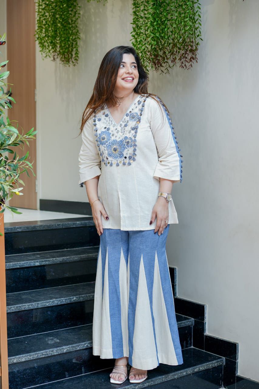 Embroidered Cotton Co-ord Set: Top & Kali Pants
