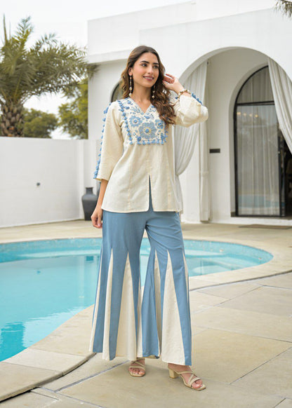 Embroidered Cotton Co-ord Set: Top & Kali Pants