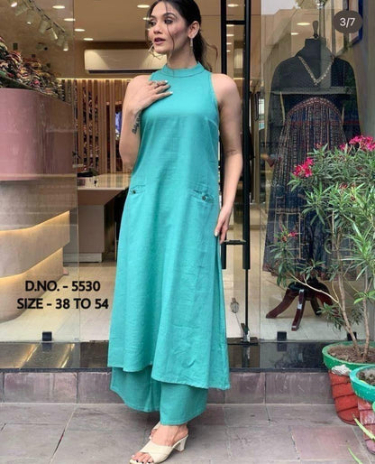 Pure Cotton Fabric Long Kurta With Palazzo Set