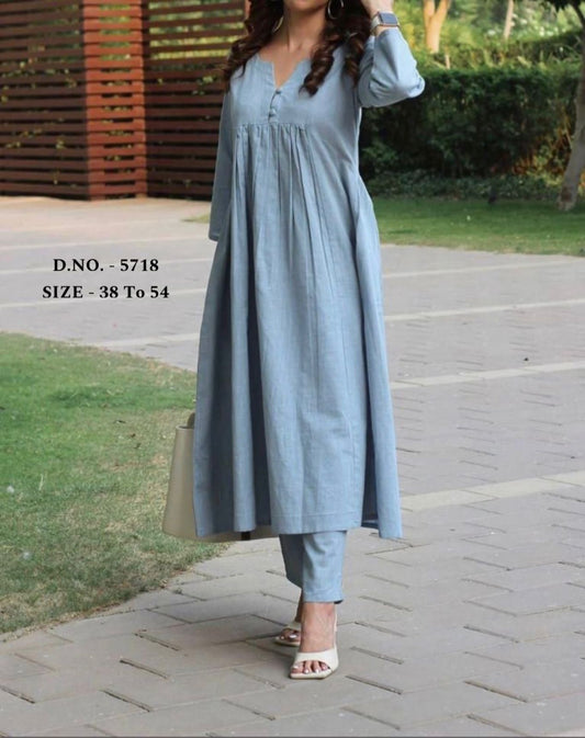 Pure Cotton Khadi Slub Yarn Dyed Long Kurti with Pants