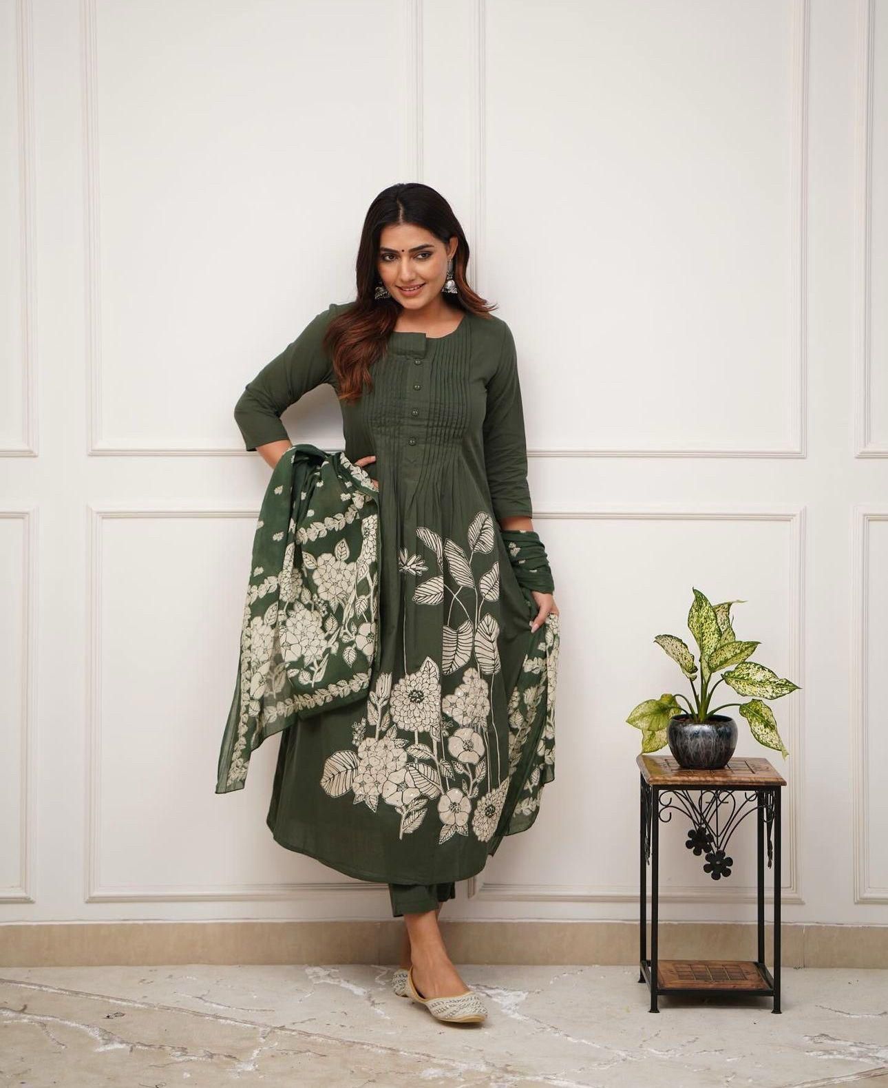 Premium Rayon Jaipur Print A-Line Suit Set with Sequins Work & Lace Dupatta