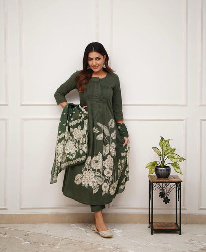 Premium Rayon Jaipur Print A-Line Suit Set with Sequins Work & Lace Dupatta
