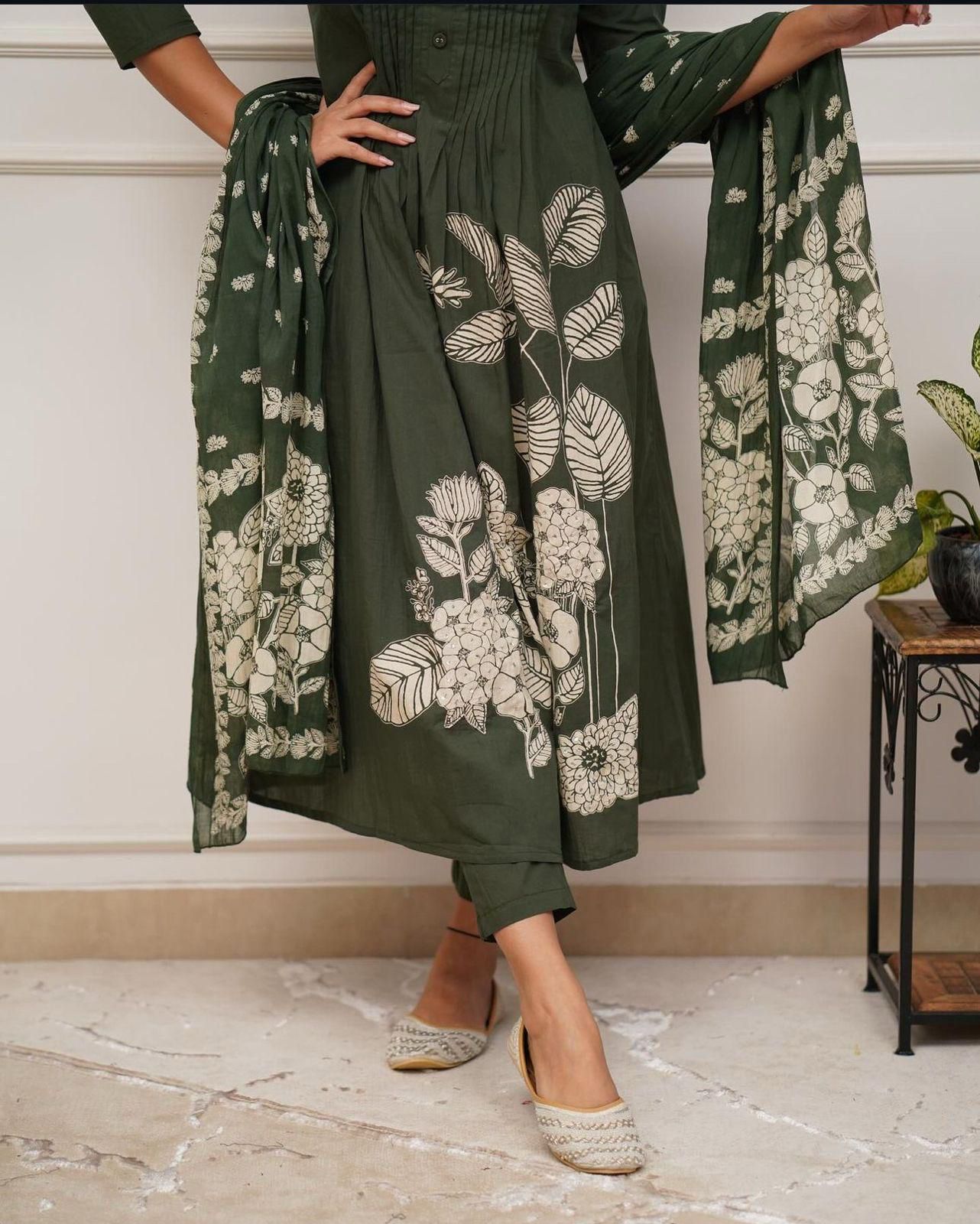 Premium Rayon Jaipur Print A-Line Suit Set with Sequins Work & Lace Dupatta