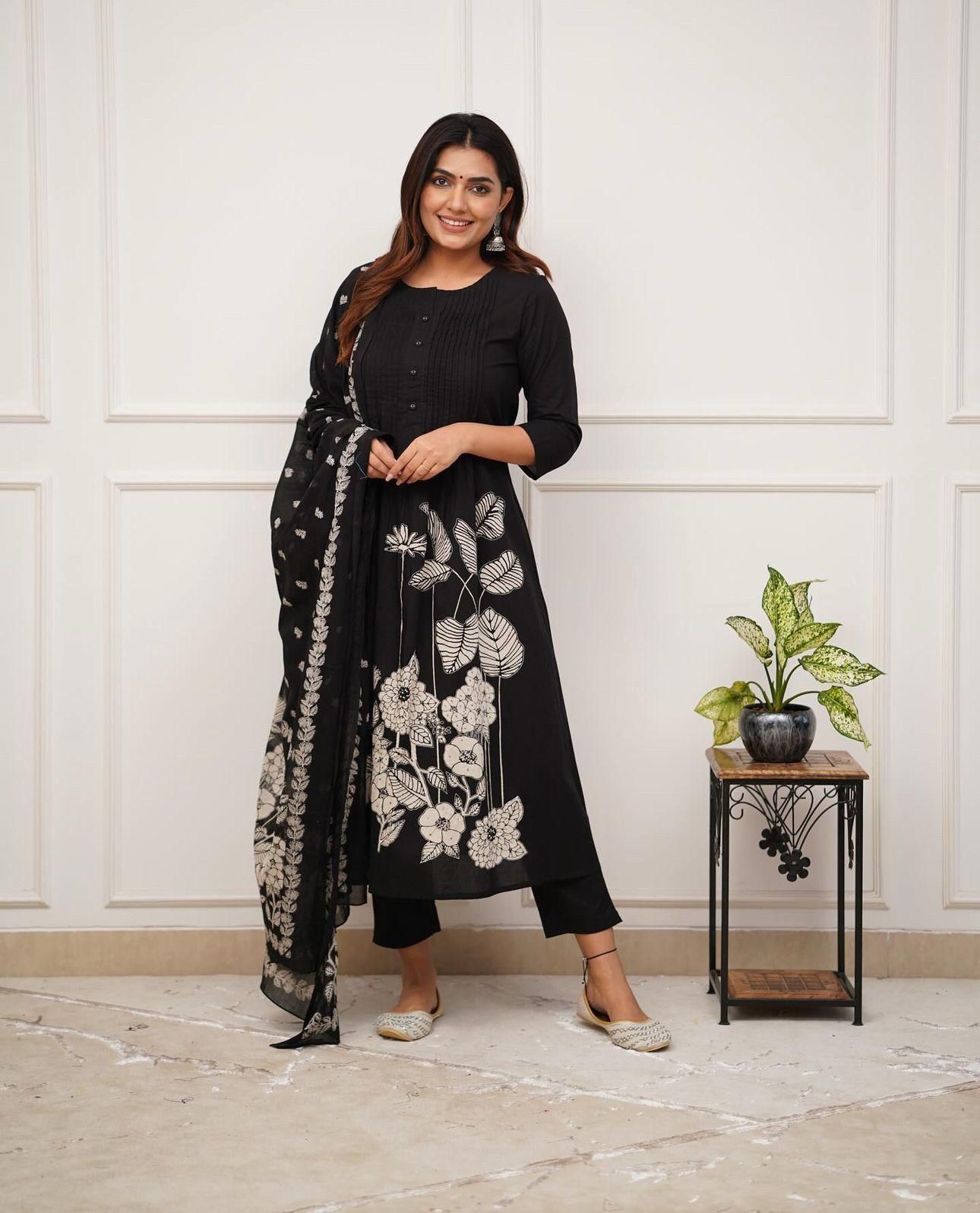 Premium Rayon Jaipur Print A-Line Suit Set with Sequins Work & Lace Dupatta