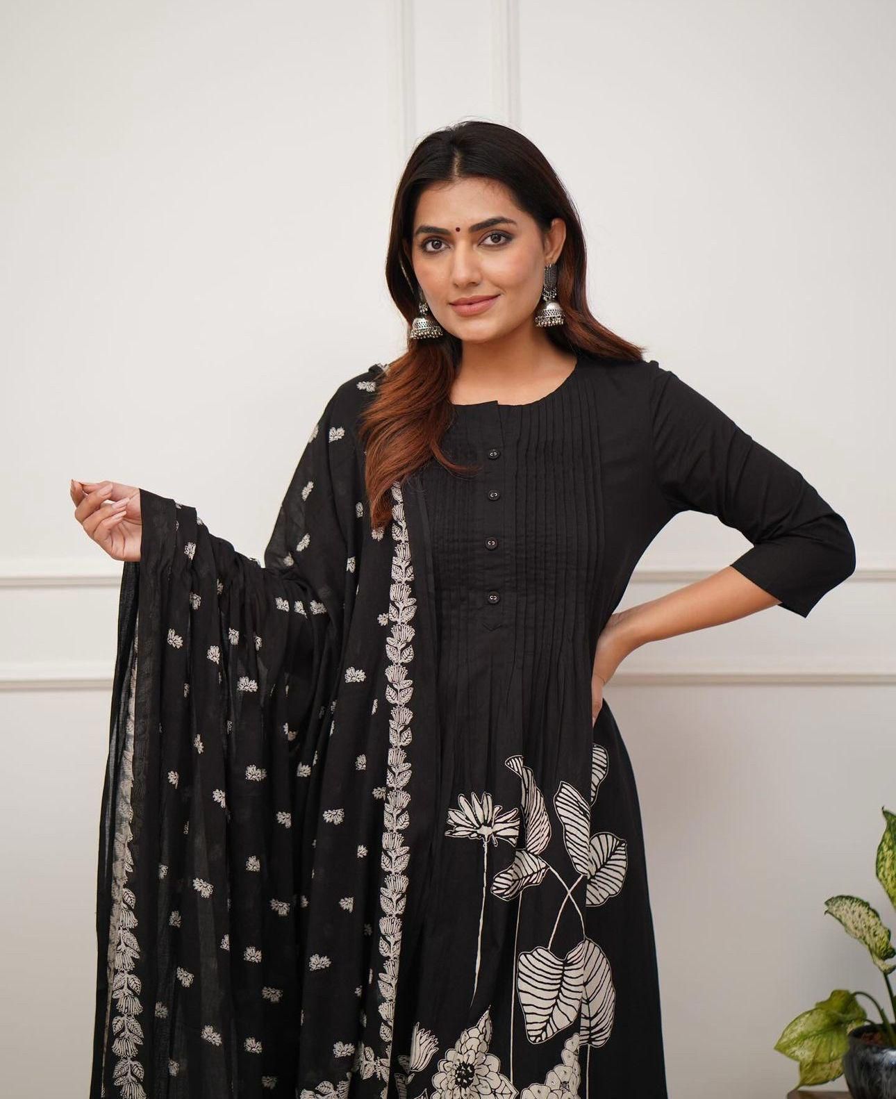 Premium Rayon Jaipur Print A-Line Suit Set with Sequins Work & Lace Dupatta