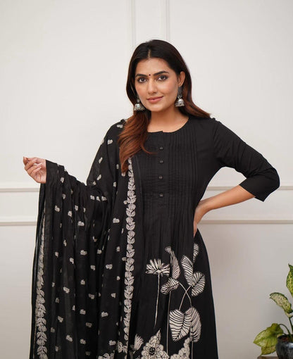 Premium Rayon Jaipur Print A-Line Suit Set with Sequins Work & Lace Dupatta