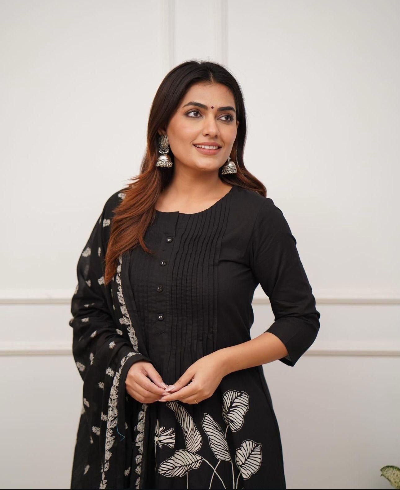 Premium Rayon Jaipur Print A-Line Suit Set with Sequins Work & Lace Dupatta
