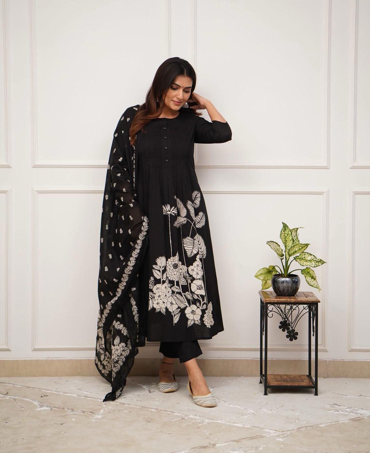 Premium Rayon Jaipur Print A-Line Suit Set with Sequins Work & Lace Dupatta