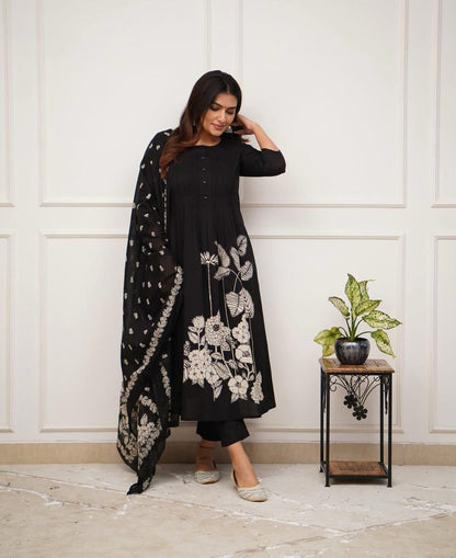 Premium Rayon Jaipur Print A-Line Suit Set with Sequins Work & Lace Dupatta