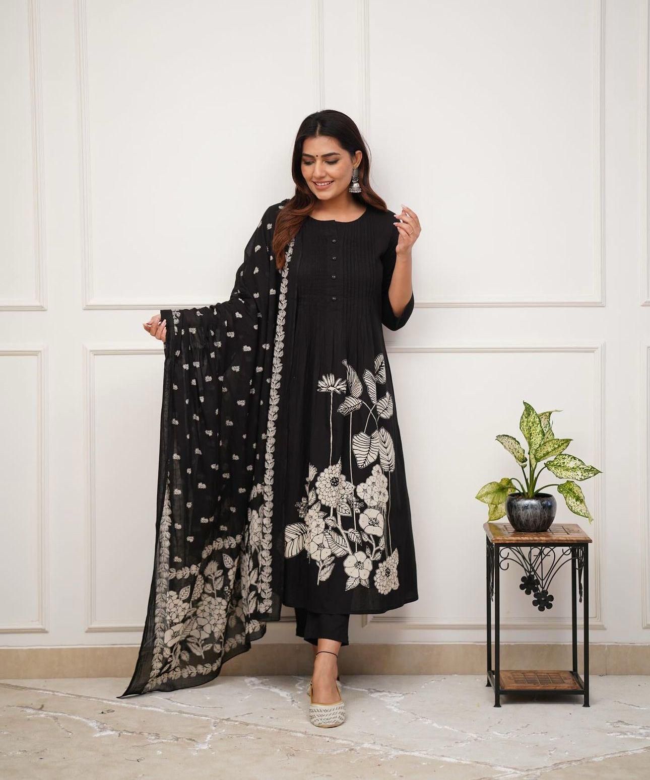 Premium Rayon Jaipur Print A-Line Suit Set with Sequins Work & Lace Dupatta