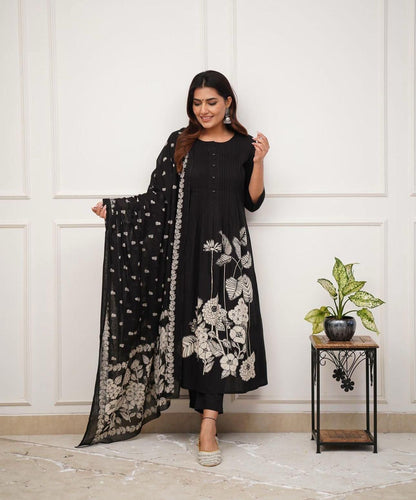 Premium Rayon Jaipur Print A-Line Suit Set with Sequins Work & Lace Dupatta
