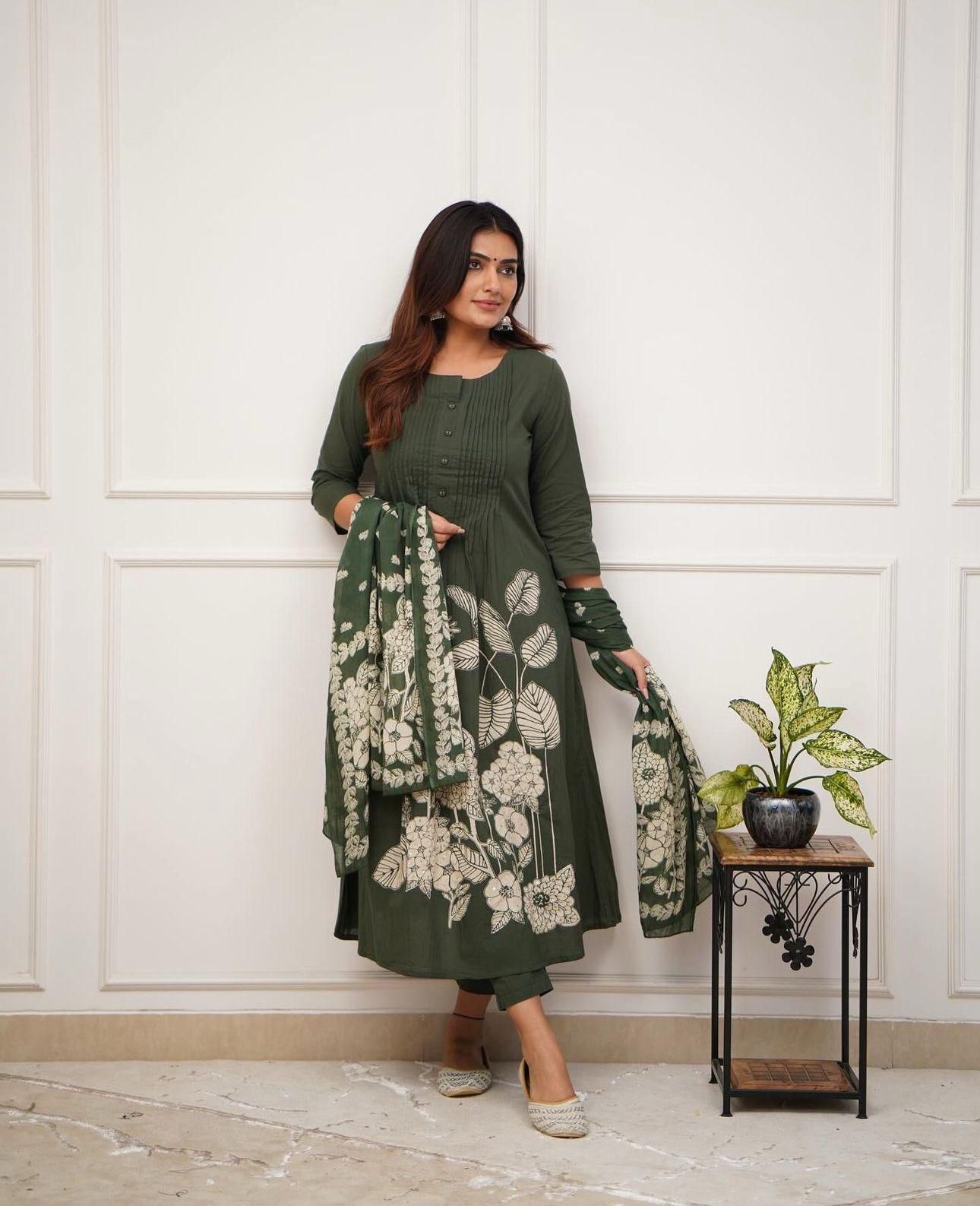 Premium Rayon Jaipur Print A-Line Suit Set with Sequins Work & Lace Dupatta