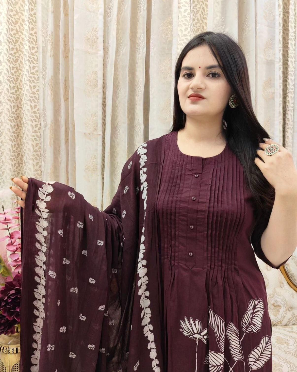 Premium Rayon Jaipur Print A-Line Suit Set with Sequins Work & Lace Dupatta